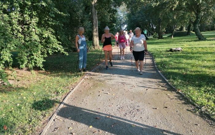 ścieżka w parku, grupa osób, na czele z 4 kobietami spaceruje używając przy tym kijków do Nordic Walking, wokół zieleń drzew i traw