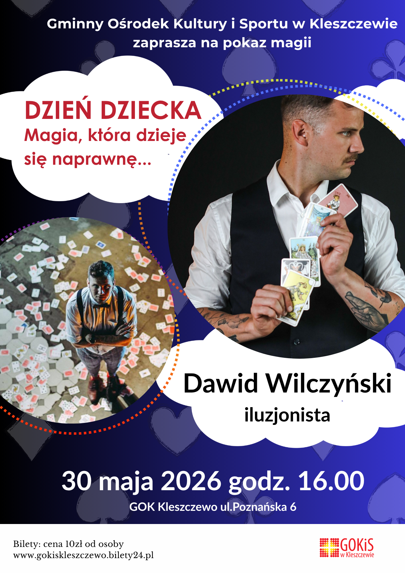 plakat informacyjny - iluzjonista z kartami w ręce