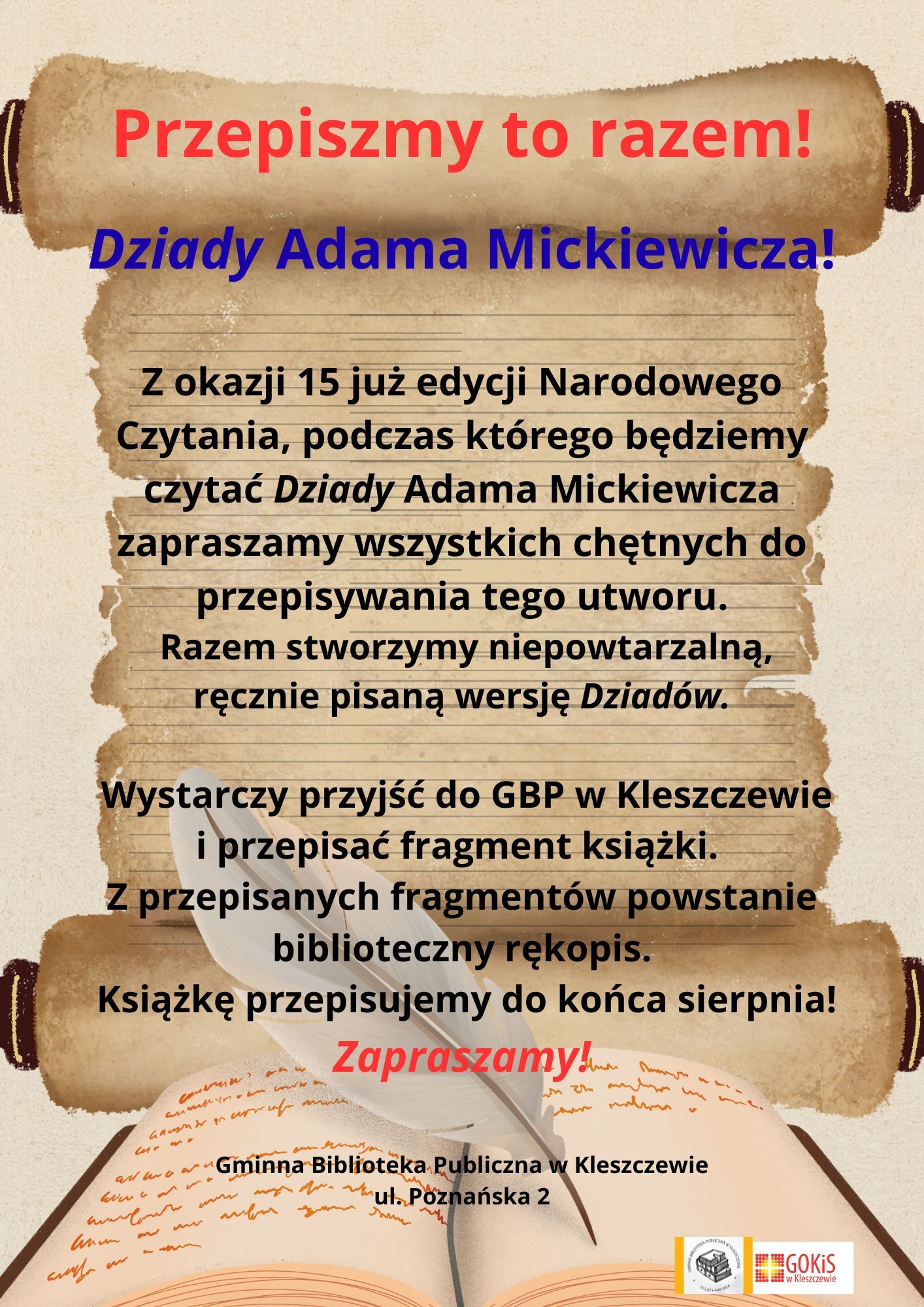plakat informacyjny, tekst napisany na zwoju pergaminu