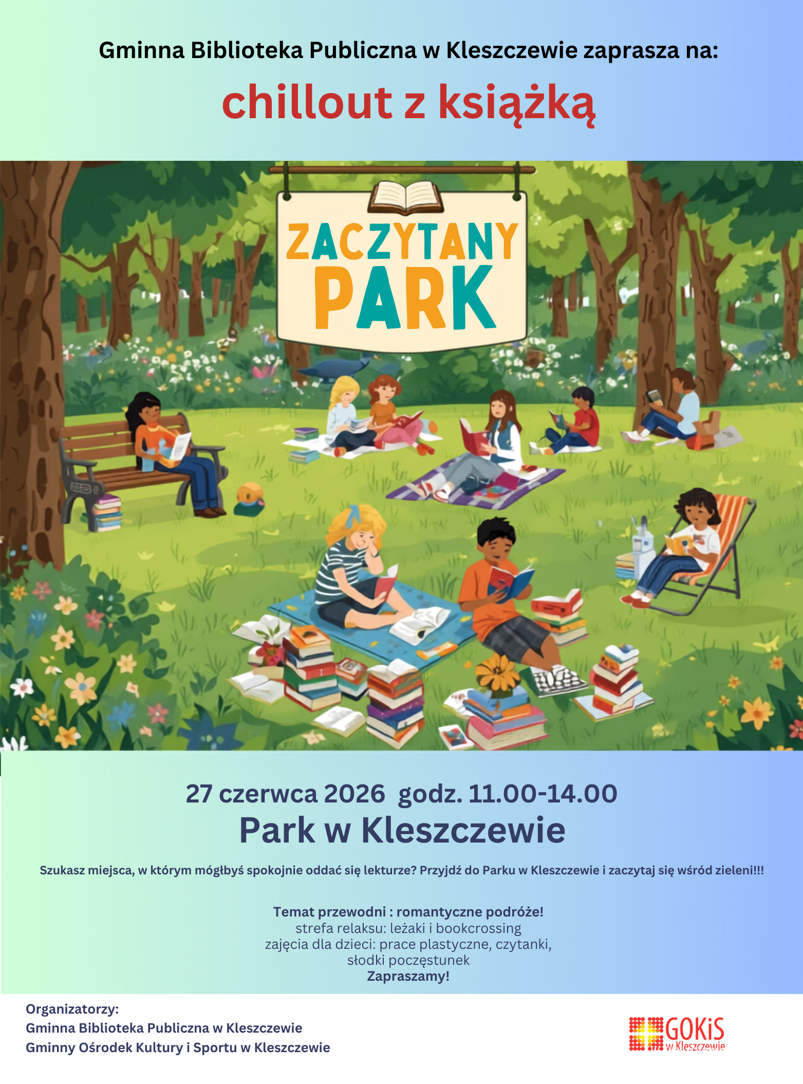 plakat informacyjny ilustracja ludzi czytających ksiązki w parku