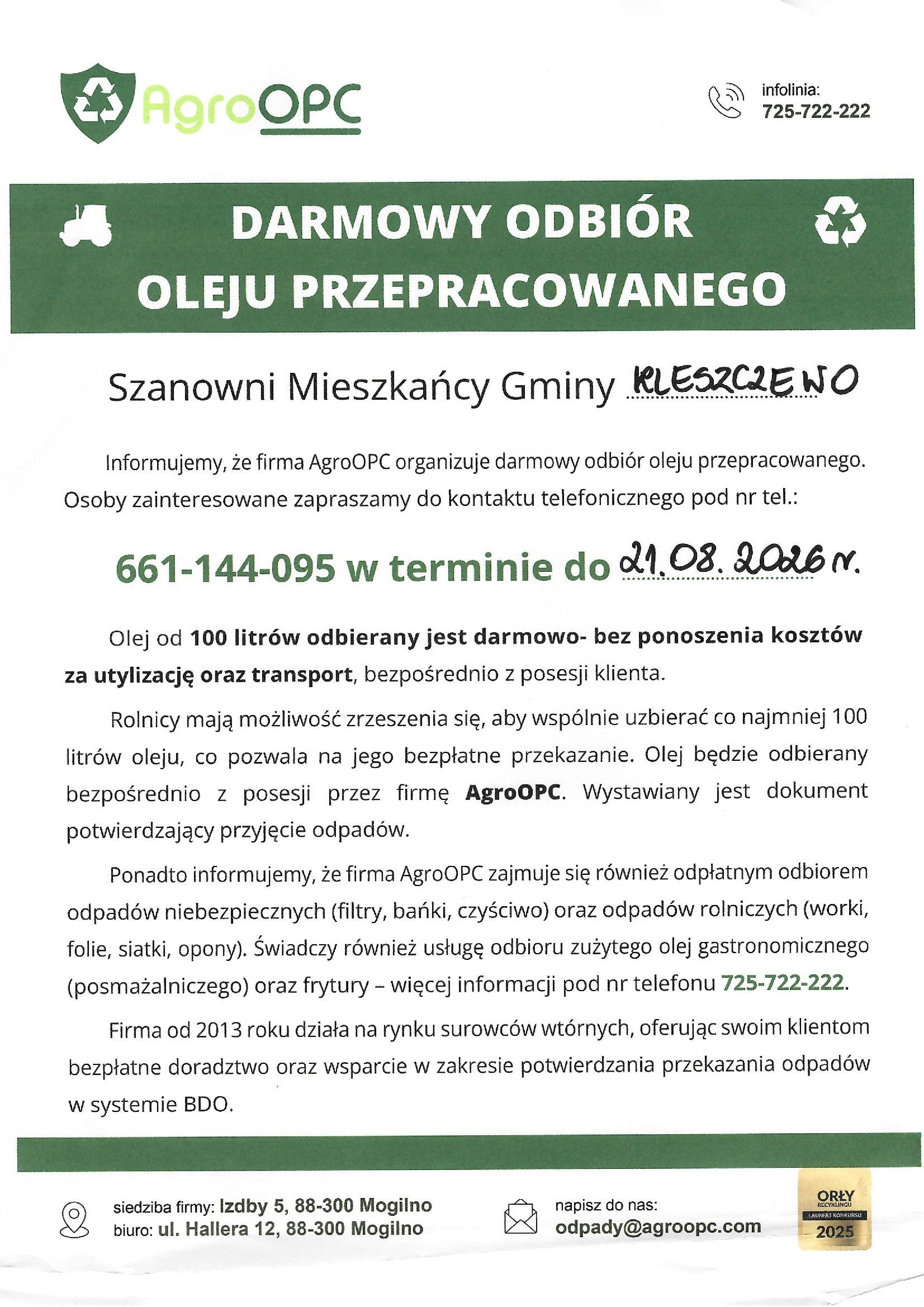 plakat informacyjny - odbiór oleji przepracowanych