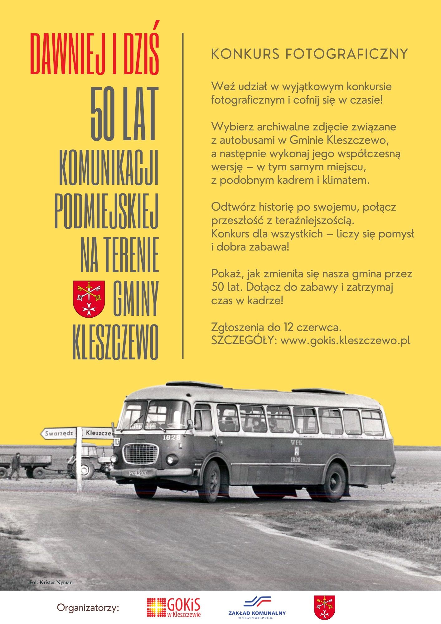 plakat informacyjny ze zdjęciem startego autobusu tzw. og&oacute;rek 