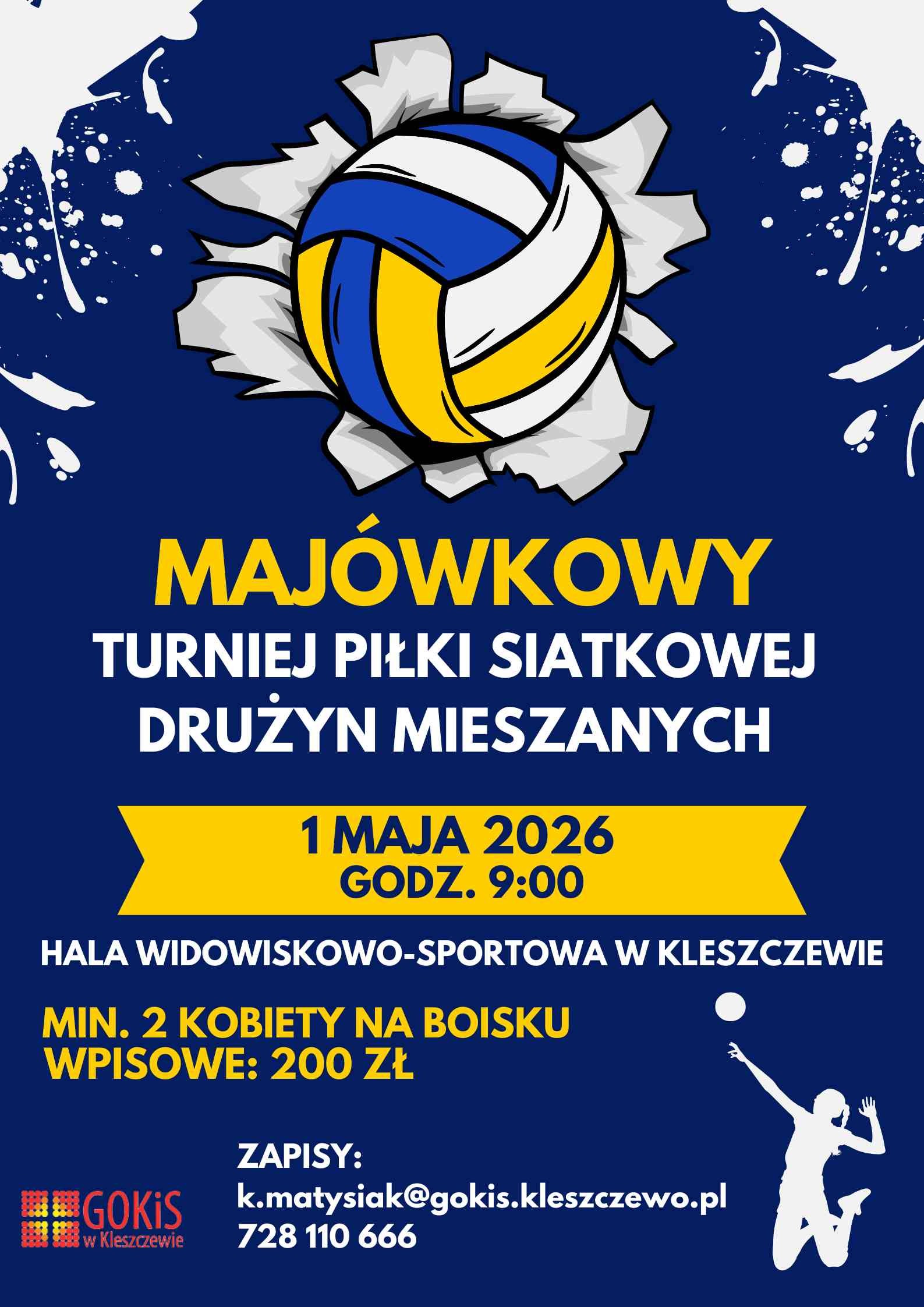 plakat informacyjny z piłką w centrum na granatowym tle