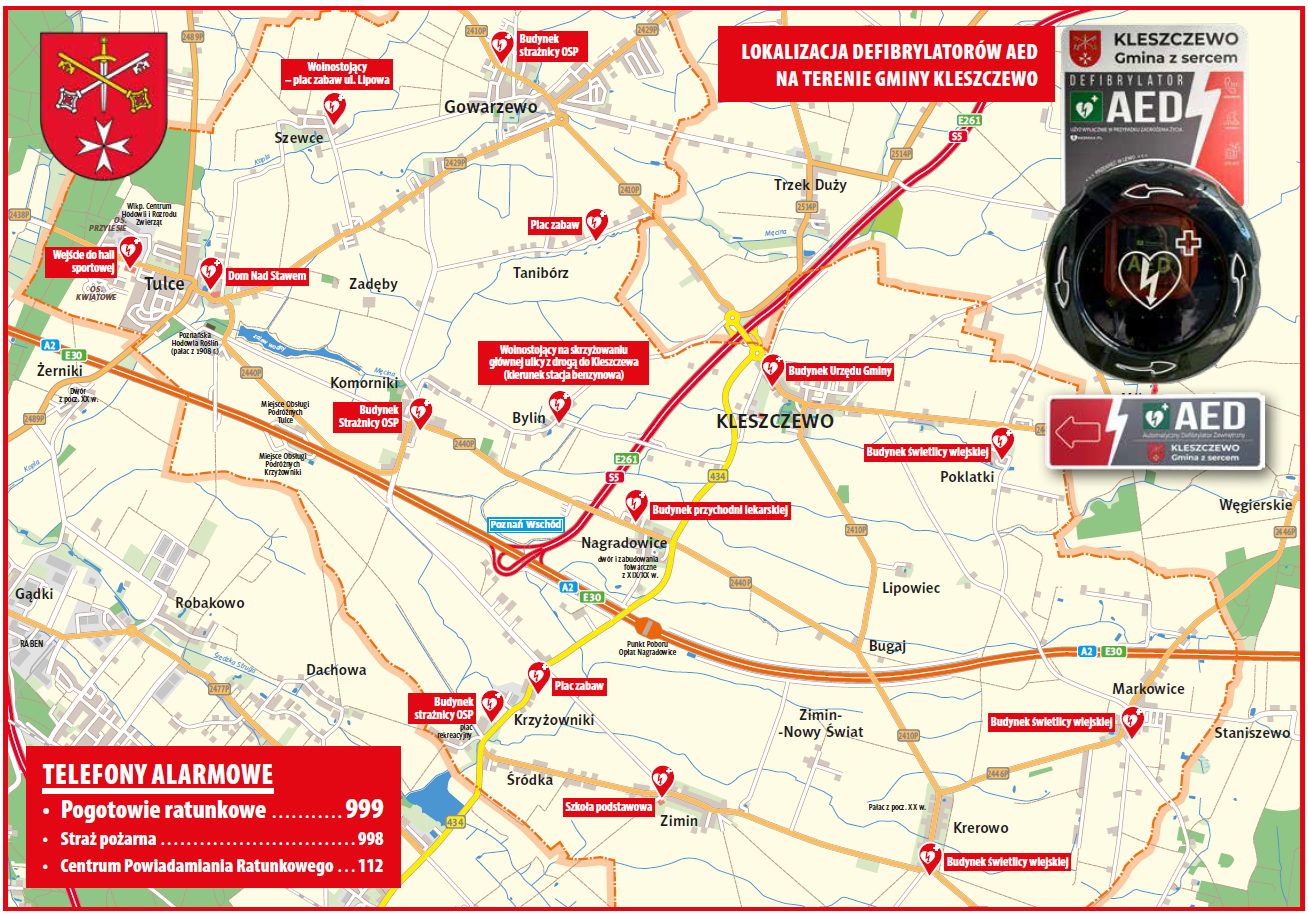 mapa gminy z zaznaczonymi lokalizacjami AED