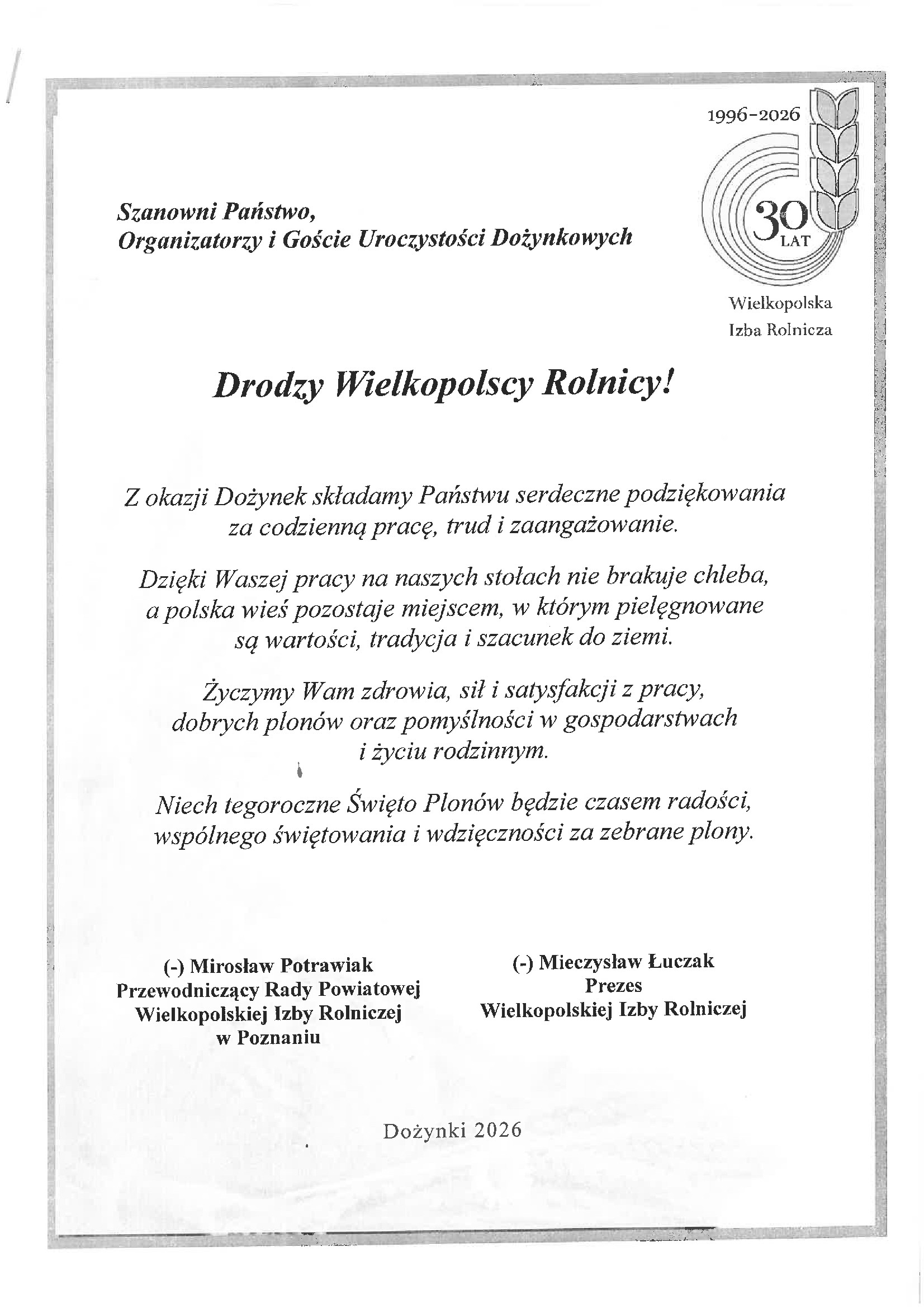 życzenia Prezesa Wielkopolskiej Izby Rolniczej