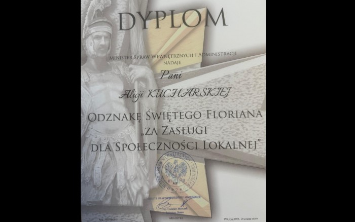 Dyplom ODZNAKA ŚWIĘTEGO FLORIANA „ZA ZASŁUGI DLA SPOŁECZNOŚCI LOKALNEJ” 
