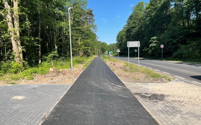 Ścieżka pieszo-rowerowa z Tulec w kierunku Poznania - widok na asfaltową ścieżkę po lewej stronie las po prawej jezdnia a obok nie dalej las