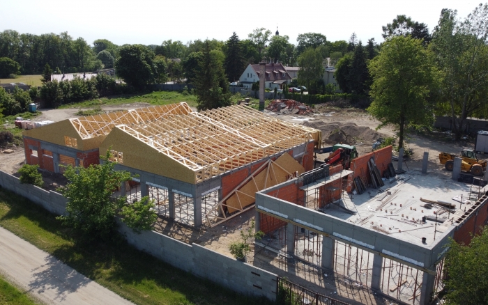 budowa przedszkola w Tulcach - widok na plac budowy z lotu ptaka