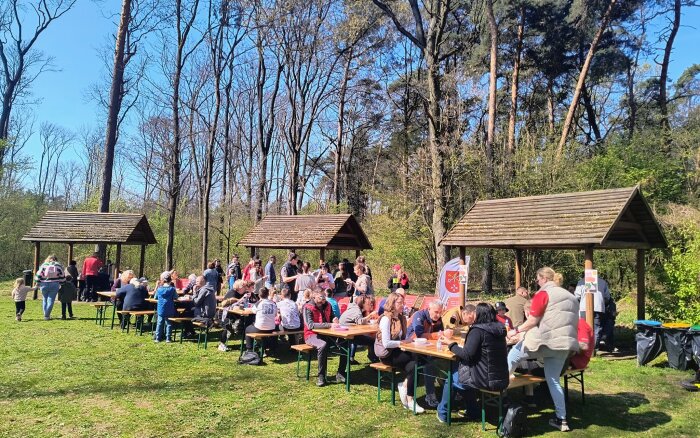uczestnicy wydarzenia przy stołach na leśnej polanie